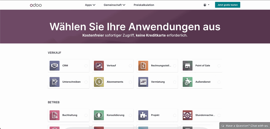 Odoo Anwendungen auswählen